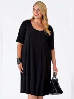 Susan Graver Black Knit Flowy Dress with Short Sleeves, Size 2X